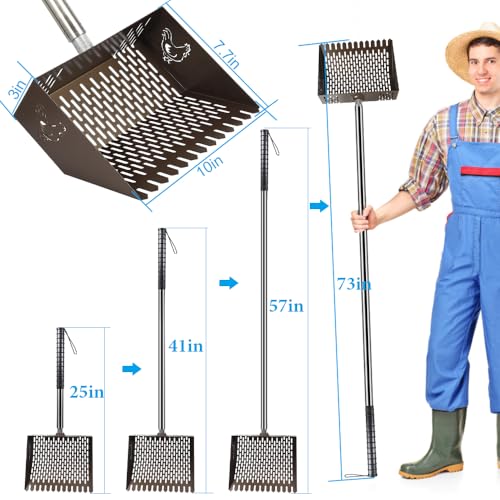 Kalekey Heavy Duty Chicken Coop Rake and Scoop, 15 Inch Extra Large Chicken Coop Rake with Adjustable Stainless Steel Handle (25 to 73 Inch)，Metal Multi-Use Cleaning Shovel for Coops, Beach（Brown）