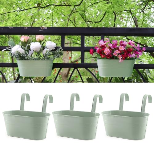 3 Pack Metal Railing Planters, 10.5" Oval Hanging Flower Pots with Detachable Hooks & Drainage Holes, Fits Rails up to 2.36", Galvanized Iron Fence Bucket for Balcony Garden Patio - Blue - color: Blue, size: 3 Pack, 10.5"L x 5.7"W x 4.7"H