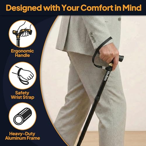 Walking Cane with LED Light, Foldable,Adjustable, Self Standing Walking Canes for Men & Women,Walking Sticks with Quad Base for Seniors & Adults - color: Black