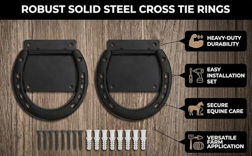 CHICIRIS Horse Hitching Ring Horse Tie Ring Cross Tie Set of 2 Solid Steel Rustic Black Coated with 8 Expansion Screws for Stall Stable Supplies