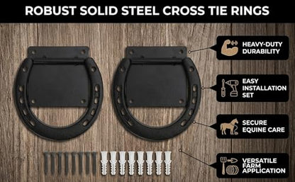 CHICIRIS Horse Hitching Ring Horse Tie Ring Cross Tie Set of 2 Solid Steel Rustic Black Coated with 8 Expansion Screws for Stall Stable Supplies