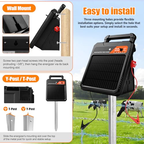 10 Mile Solar Electric Fence Charger, 0.16J Output with Auto/Night Mode, 8.1KV Max Voltage, Front Switch Design with Three Way to Install, Portable Solar Fence Energizer for Livestock & Garden - style: 10 Mile