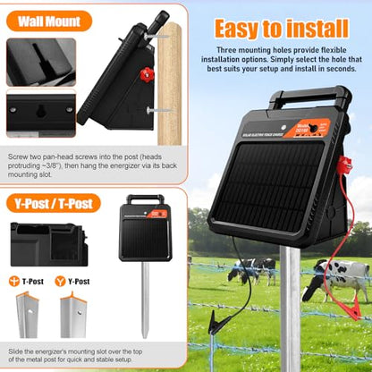 10 Mile Solar Electric Fence Charger, 0.16J Output with Auto/Night Mode, 8.1KV Max Voltage, Front Switch Design with Three Way to Install, Portable Solar Fence Energizer for Livestock & Garden - style: 10 Mile