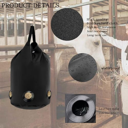 2 Pack Goat Hay Feeder, Slow Feed Hay Bag for Horses, Sheep, Donkey, Cows, Alpacas and Ostriches, Premium Oxford Waterproof Fabric, Circle Leather Reinforced 5 Open Feeding Hole for Resist Biting