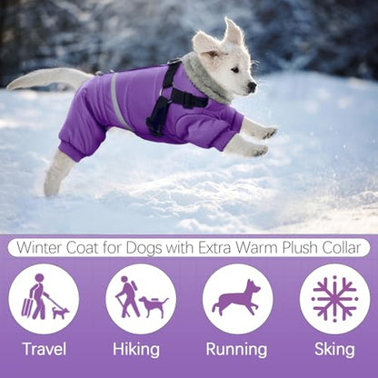 BRKURLEG Purple Dog Coat with Harness, Dog Winter Jacket, Dogs Onesie Body Warm Jackets, Small Dogs Winter Coats Reflective Windproof Warm Cold Weather Coats, Pet Waterproof Jackets, M - color: Purple, size: Medium