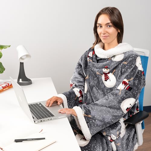 PAVILIA Sherpa Wearable Blanket with Sleeves for Adults Women Men, Soft Warm Full Body Wrap Fleece Throw, Pocket, Cozy Pullover Robe Blanket with Arm, Gifts for Christmas Mom Wife, Snowman - color: Snowman Gray