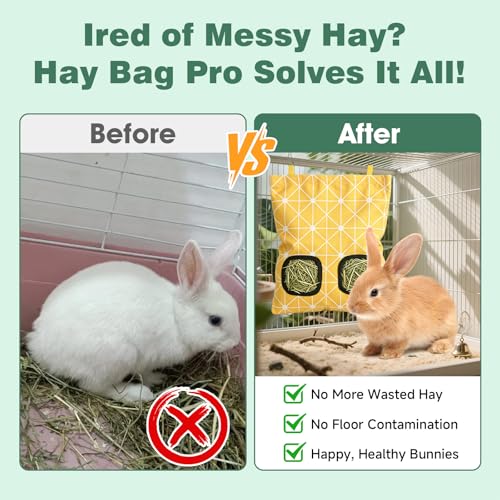 Rabbit Hay Bag 2 Pack - 2 Holes Hanging Bunny Hay Feeder Holder | Guinea Pig Hay Feeder with Metal Hooks, Oxford Cloth Feeding Bag Storage for Chinchillas and Small Animals (Blue Yellow) - color: Blue Yellow