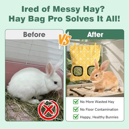 Rabbit Hay Bag 2 Pack - 2 Holes Hanging Bunny Hay Feeder Holder | Guinea Pig Hay Feeder with Metal Hooks, Oxford Cloth Feeding Bag Storage for Chinchillas and Small Animals (Blue Yellow) - color: Blue Yellow