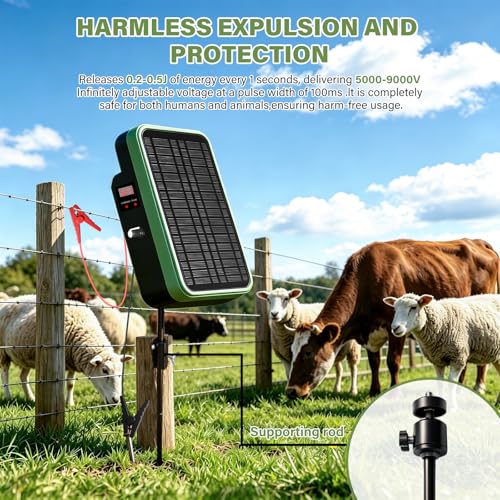 Solar Electric Fence Charger, Energizer with Stand 5kV-9kV Output | 6000mAh Battery, 5.5W Solar Panel Perfect for Farms Gardens Orchards, Keeps Livestock Safe from Wildlife