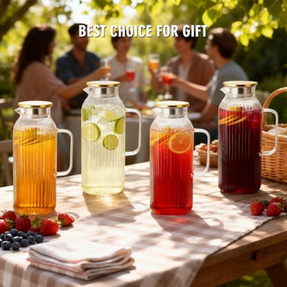 GLASKEY 2.1 Liter 71oz Square Glass Pitcher with Lid, Classic Stripes Water Pitchers with Handle for Fridge, Leak Proof Juice Jug, Borosilicate Glass Carafe for Hot/Cold Brew Drink - size: 71 Ounces