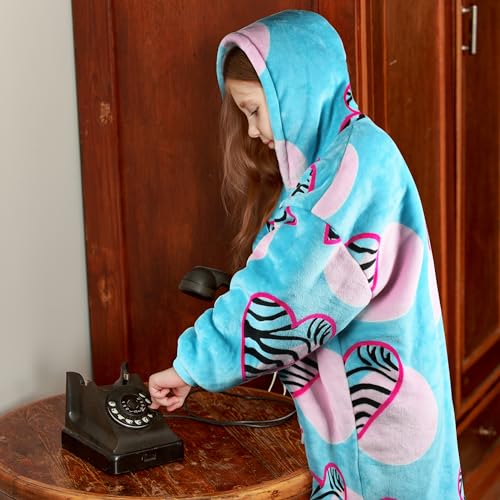 Solaris Zebra Heartfelt Kids Wearable Blanket Hoodie - Cozy Warm Sherpa Fleece Sweatshirt with Love-Themed Design, for Teens, Girls, Boys - color: Zebra Heart