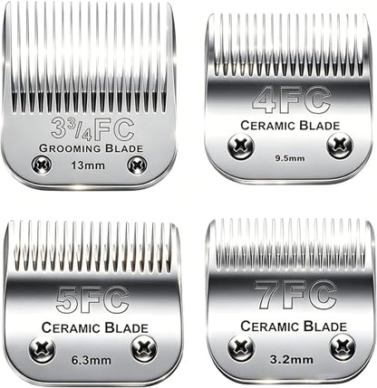 4PACK Dog Grooming Clipper Replacement Blades Compatible with Andis Pet Clipper/Oster A5/Wahl KM Series Dog Clipper,Ceramic Blade & Stainless Steel Blade (#3FC+4FC+5FC+7FC) | For Oster A5/Wahl KM Series Dog Clipper ,Ceramic Blade & Stainless Steel Blade ,