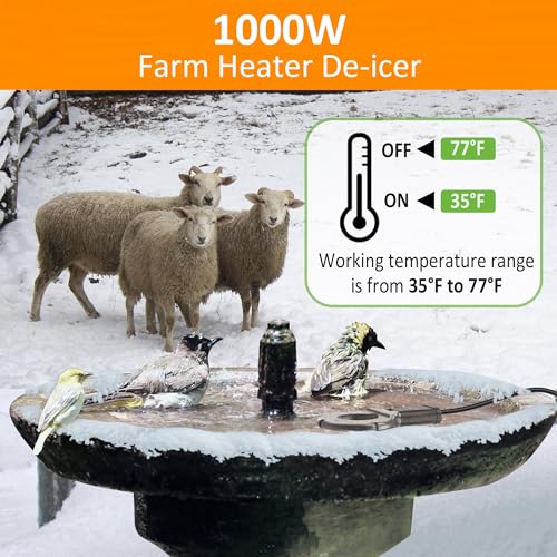 1000W Utility De-Icer, Submergible Bird Bath Heater De-icer, Chicken Water Heater, Stock Tank Heater for Livestock Poultry Birds, Cows, Horses, Wildlife Drinkingwith 10FT Power Cord, Black