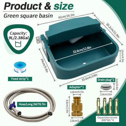 Automatic Dog Water Bowl 9L/300oz Large for Chicken Cattle Horse Sheep Goat | Wall mounted chew‑proof With 78.74”Garden Hose Float Valve Easy to clean with drainage hole Easy to Clean Outdoor Indoor