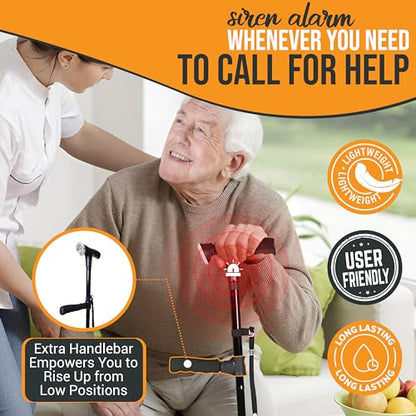 Walking Cane with Light & Alarm - Foldable, Adjustable, Lightweight, for Balance & Stability for Adults, Seniors, and Injured. [Black] - size: Medium