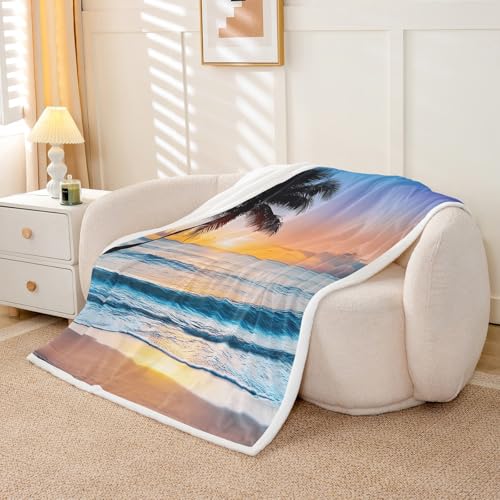 Ocean Wave Fleece Throw Blanket for Bed Sofa Couch Summer Sea Beach Sherpa Blanket Hawaiian Tropical Palm Tree Printed Blanket Soft Women Men Plush Fuzzy Blanket Air ConditionerKing 87"x95" - color: Multi 10, size: King