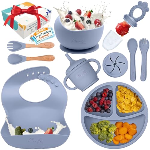 Silicone Baby Feeding Set, Suction Plates Bowls Bibs for Self Feeding –Gray | Baby Plates, Silicone Feeding Set, BPA-Free Toddler Bowls, Baby Spoons Forks, Empower Independence, Easy Clean - color: Gray