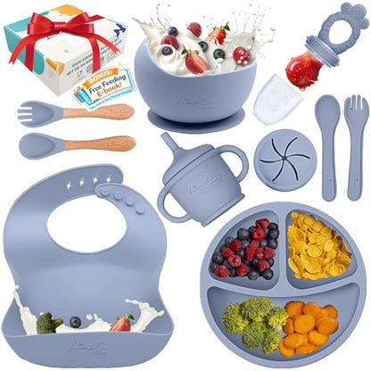 Silicone Baby Feeding Set, Suction Plates Bowls Bibs for Self Feeding –Gray | Baby Plates, Silicone Feeding Set, BPA-Free Toddler Bowls, Baby Spoons Forks, Empower Independence, Easy Clean - color: Gray