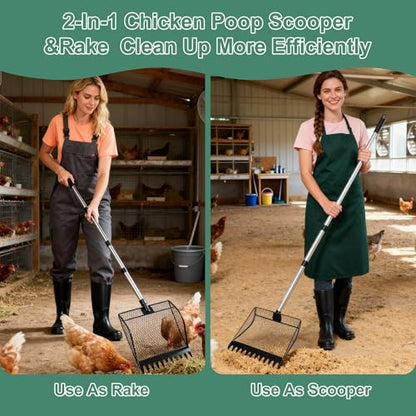 Chicken Poop Scooper & Rake 2-in-1，Litter Sifting Shovel，Metal Chicken Coop Scoop with Adjustable Handle(34" to 65") for Chicken Run, Animal Farm, Duck Coop Black