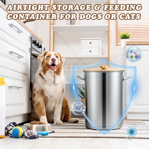 Maxdot 45 Lbs Stainless Steel Food Storage Container for Dog with Airtight Bamboo Lid Spoon & Wooden Claw Handle, Large Metal Pet Food Bin to Keep Fresh Easy Clean & Use for Dog Multiple Pet - size: 45 Lbs