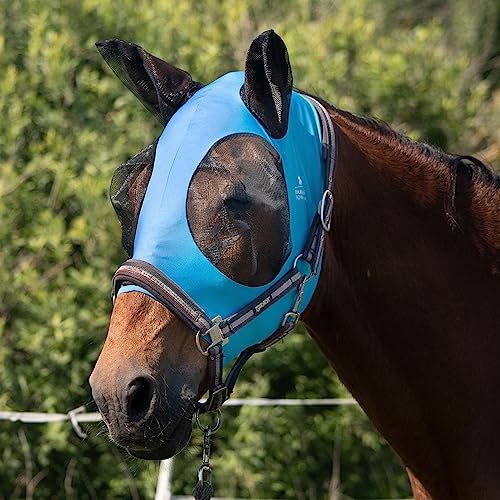 Harrison Howard Super Comfort Stretchy Fly Mask Large Eye Space with UV Protection Soft on Skin with Breathability Azure Blue M Cob - color: Azure Blue, size: Cob (Medium)