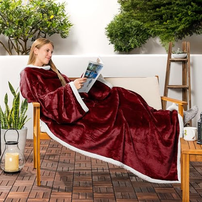 PAVILIA Sherpa Wearable Blanket with Sleeves and Pocket, Plush Thick Cozy Body Blanket Wrap for Adult Women Men, Christmas Gift for Wife Mom, Burgundy Red - color: Wine