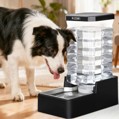 RIZZARI 9L Automatic Dog Water Dispenser: Stainless Steel Bowl - color: Black with Lid, size: 9L