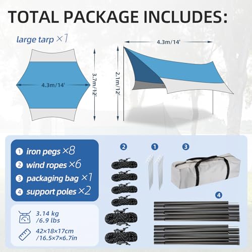 12X14FT Camping Tarp with 2 Poles, UV UPF50+ Lightweight Car Awning Sun Shelter, PU3000 Waterproof Tarp for Camping, Hiking and Backpacking Trips - color: Blue