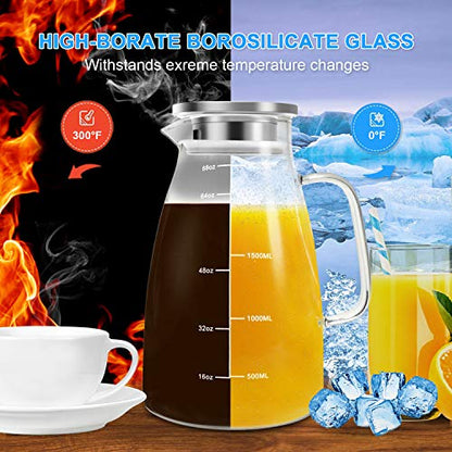Aofmee Glass Pitcher with Lid and Handle, Glass Water Pitchers, 2 Liter | Thickened Borosilicate Glass Iced Tea Pitcher, Drip-free Spout, Heat Resistant, Stovetop Dishwasher Safe Jug Jar - size: 68oz