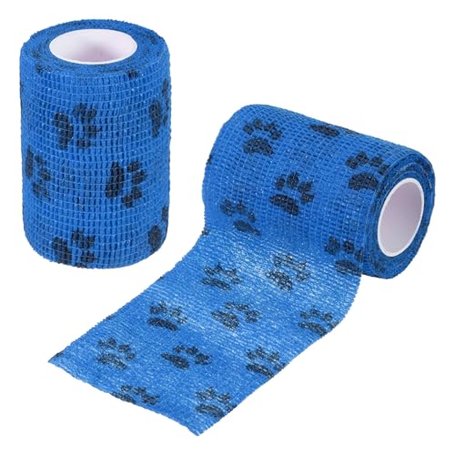 Pet Wrap Bandages, 3 Inch 5 Yard Self Adhesive Bandage Wrap, Pet Non-Woven Tape First Aid Cohesive Gauze, (Blue/Paw, 2 Pcs), Intended for Dog/Cat/Bird/Legs/Paws/Wound - color: Blue, size: 3 inch
