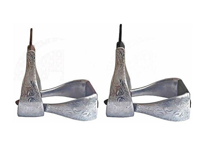 4.75" Aluminum Engraved Adult Western Horse Bell Stirrups with Original Leather - color: BLACK LEATHER