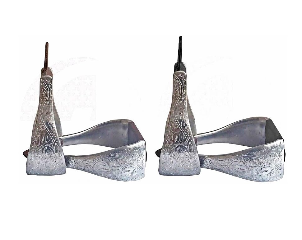 4.75" Aluminum Engraved Adult Western Horse Bell Stirrups with Original Leather - color: BROWN LEATHER