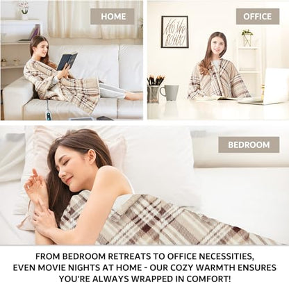 Beautyrest Wearable Electric Poncho Wrap Blanket, Ultra Soft Sherpa & Berber Fleece Heated Throw, UL Certified & OEKO-TEX, 3 Heat Settings & 2 Hour Auto Shutoff, Gift-Ready, 50" x 64", Tan Plaid - color: Tan Plaid, size: 50 in x 64 in