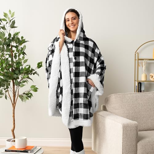 PAVILIA Hooded Blanket Poncho Fleece Wearable Shawl Wrap Throw, Plaid White | Fleece Shawl Wrap with Hood, Adult Wearable Blanket, Cozy Warm Poncho Cape Throw with Pockets, Gift for Elderly Mom - color: Checker White