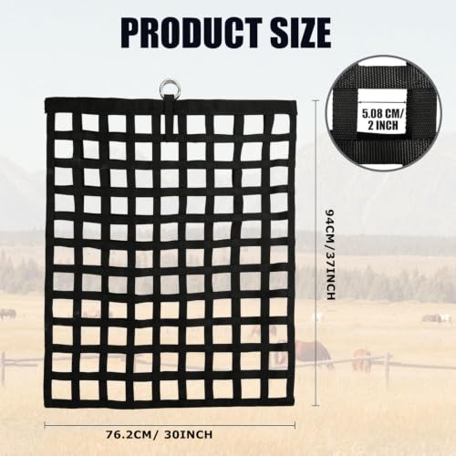 Slow Feed Hay Net for Horses, Durable Hay Feeder Net with O-Rings for Horses Goats Donkeys Sheep Full Day Feeding, Easy to Fill & Hang, Large Capacity, 37" x 30", 2" Holes, Black
