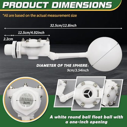 1" Detachable Floating Float Valve,White Plastic Large Water Discharge Water Float Valve with Adjustable Arm for Water Level Control for Water Tank Pond, Livestock Waterer (1") - size: 1 Inch