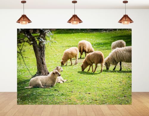 7x5ft Fabric Grazing Wool Sheep Backdrop Flock Resting Under Tree Fresh Green Grass Sunny Pasture Farm Background Tapestry Country Animal Decorations Photo Booth Props - size: 7x5ft