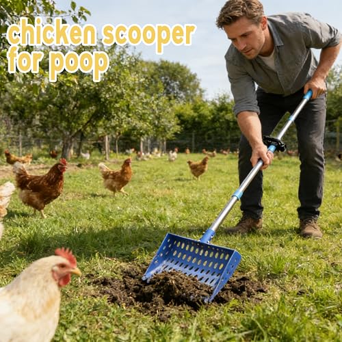 XCL Chicken Poop Scooper & Rake 2-in-1, Large 20 inch Metal Chicken Poop Scooper Head, with Adjustable Handle(39-67inch), Sifting Shovel for Sand and Bedding, Chicken Coops Cleaning Tools (Blue) - color: Blue