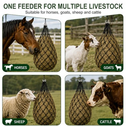 Hay Bags for Horses, 40 Inch Slow Feed Hay Nets for Horses 2 Pack, 2" Small Holes Polyester Rope Hay Net with Large Opening and Drawstring Closure for Goats Sheep Cattle, Stall Trailer Pasture
