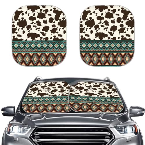 Aztec Cow Print Car Sun Shade for Windshield Foldable Sunshade Front Window Cover Sun Visor Heat and UV Rays That Keeps Vehicle Cool Universal Vehicle Accessories 28.5 x 25.5 inches - color: Aztec Cow Print