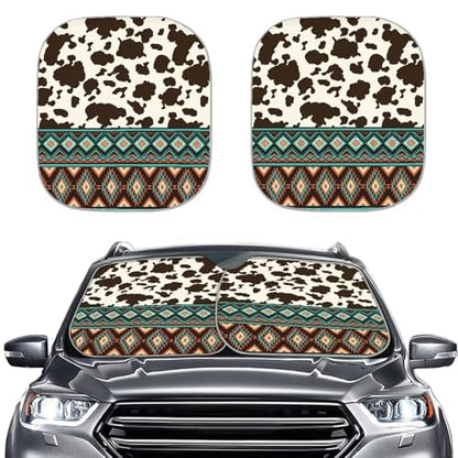 Aztec Cow Print Car Sun Shade for Windshield Foldable Sunshade Front Window Cover Sun Visor Heat and UV Rays That Keeps Vehicle Cool Universal Vehicle Accessories 28.5 x 25.5 inches - color: Aztec Cow Print