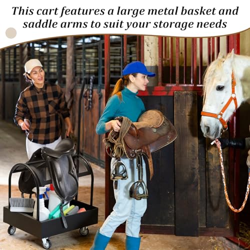 Metal Rolling Saddle Rack Cart with Basket Storage Box Built-in Grooming Organizer Fits Western English Saddles 360° Swivel Wheels Heavy Duty Caster for Tack Room, Bridle, Horse Lovers, Cowboy