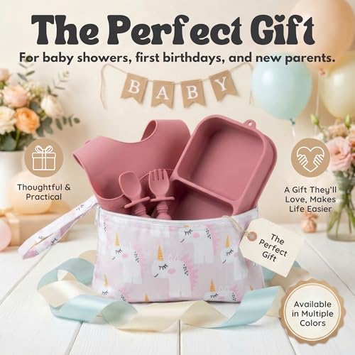 Baby Travel Feeding Set with Silicone Suction Plates, Dark Pink Small - color: Dark Pink