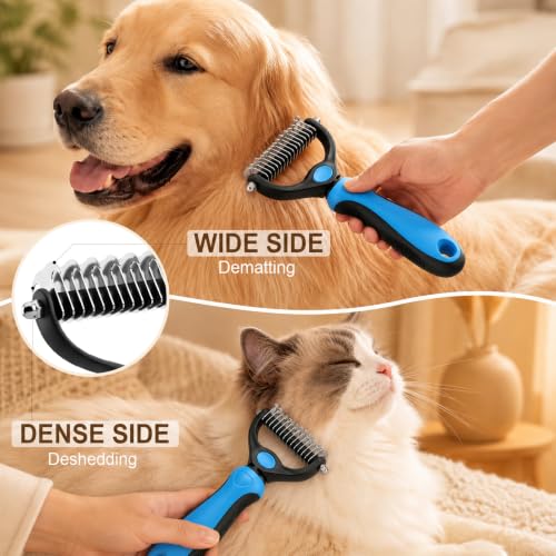 2PCS Pet Grooming Combo - Blue Deshedding Brush with Metal Comb for Detangling and Dematting Long, Matted Fur on Cats and Dogs (Pink+Blue) - color: Pink+Blue