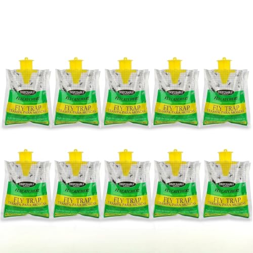 10-Pack Hanging Fly Trap Set with Disposable Bags; Includes Bait, Non-Toxic; Ideal for Backyards, Farms, Barns, Patios, and Gardens