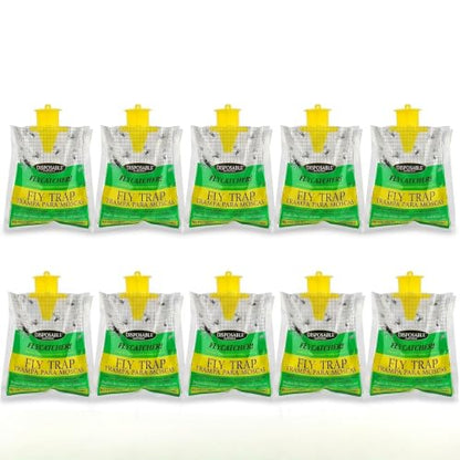 10-Pack Hanging Fly Trap Set with Disposable Bags; Includes Bait, Non-Toxic; Ideal for Backyards, Farms, Barns, Patios, and Gardens