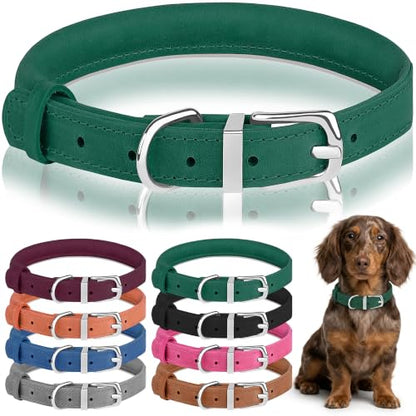 OOPSDOGGY Rolled Leather Dog Collar Reflective – Genuine Leather Round Dog Collar for Small Medium Large Dogs (Emerald Green, 8" - 11") - color: Emerald Green, size: 8" - 11"