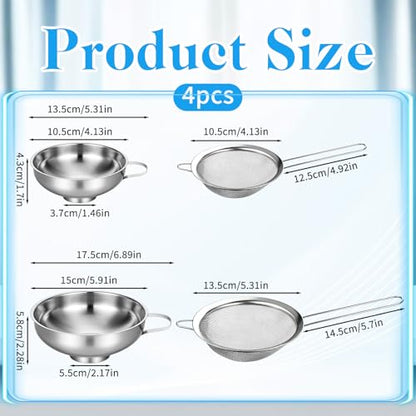 4 Pieces Stainless Steel Funnels with Fine Mesh Strainer