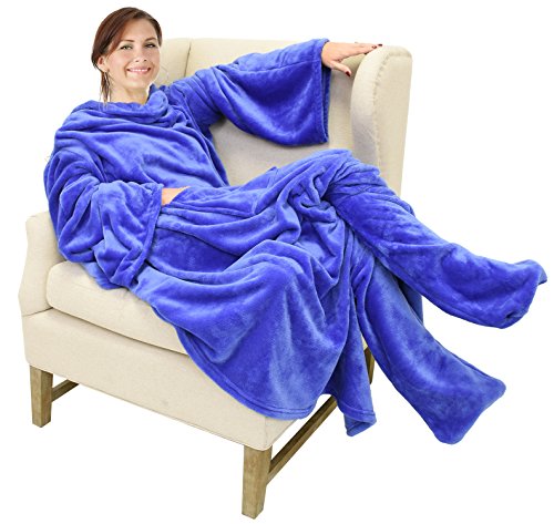 Catalonia Wearable Blanket with Sleeves & Foot Pocket for Adults - color: Blue, size: Fleece