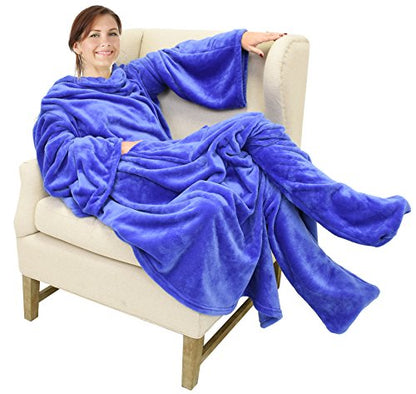 Catalonia Wearable Blanket with Sleeves & Foot Pocket for Adults - color: Blue, size: Fleece